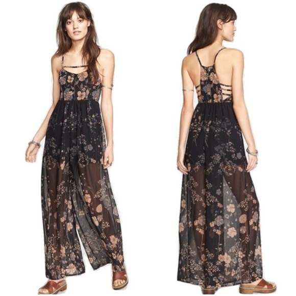 Free People Pants - Free People Black Floral Maxi Sheer Jumpsuit
